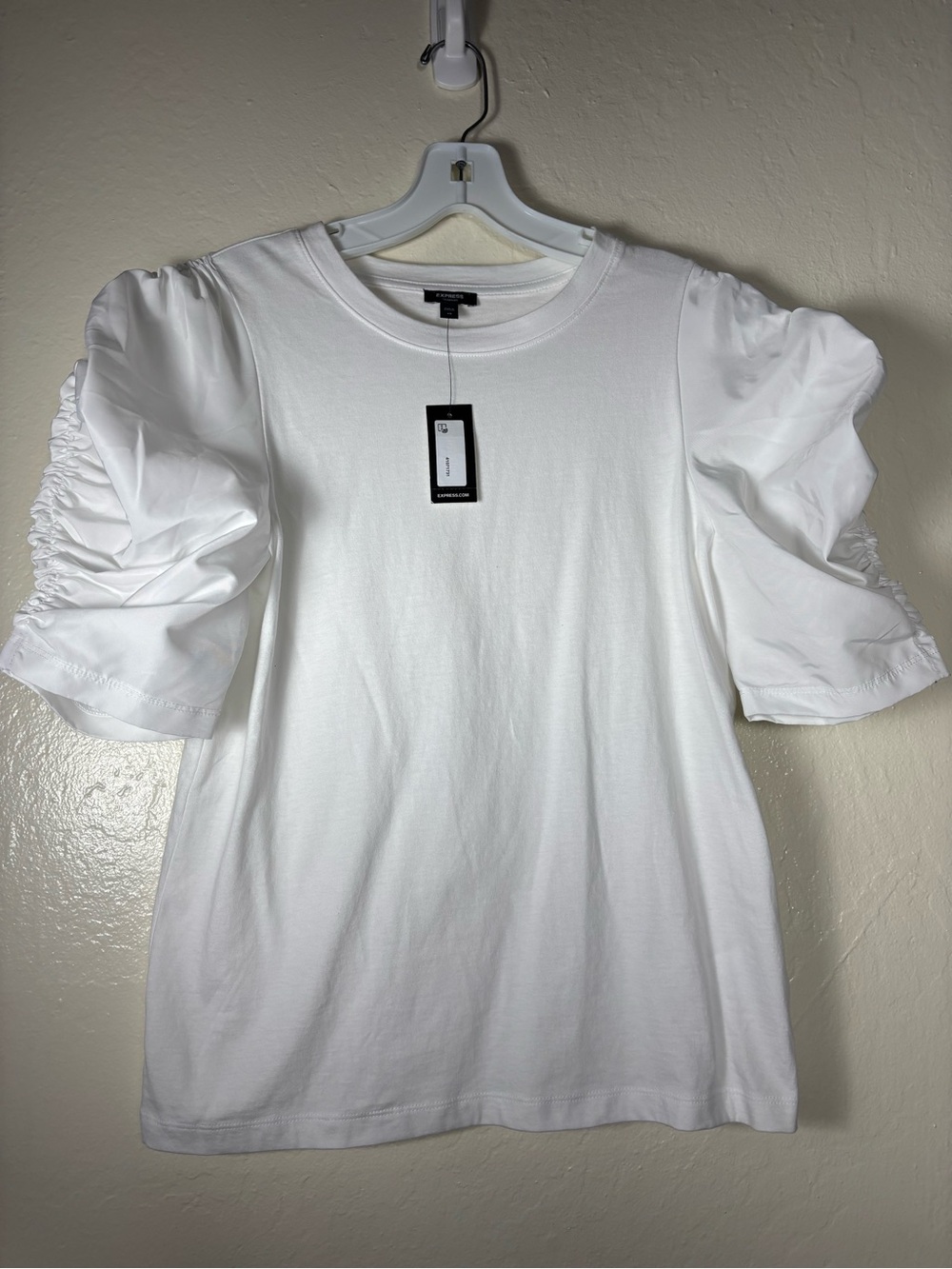 Express White Ruched Puff Sleeve Tee